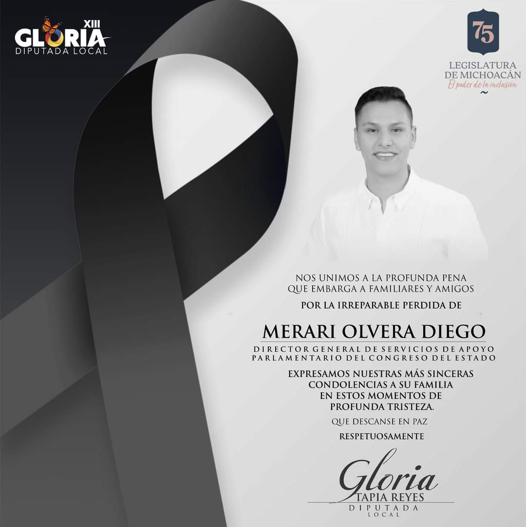 Expresamos nuestras más sentidas condolencias a familiares y amigos por la irreparable pérdida de Merari Olvera Diego. Toda nuestra solidaridad y hacemos votos porque pronto encuentren resignación ante tan lamentable pérdida.