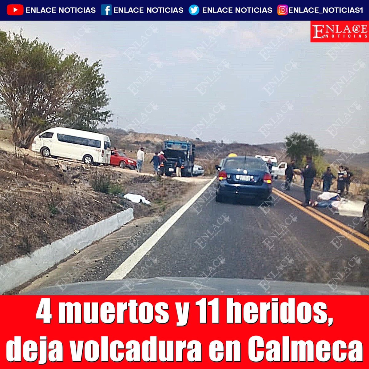EnlaceNoticias1's tweet photo. 🚨 #UltimaHora | 4 muertos y 11 heridos, deja volcadura en #Calmeca‼️
Cuatro personas sin vida y 11 personas lesionadas es el saldo preliminar de un accidente que se registró esta tarde en la carretera #Izúcar – #Cuautla, a la altura de Calmeca, en el municipio de #Tepexco! https://t.co/l4MO6naSDJ