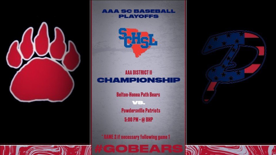 …the PLAYOFFS continue tomorrow night 👇

⚾️District 11 Championship⚾️

The Bears will host Powdersville Monday night and play for the District II Championship. 

📅 Monday, May 8th
⏰ 5:00 PM
🆚 <a href="/Baseball_PVHS/">PowdersvilleBaseball</a> 
🏟 Belton-Honea Path High School

Show up and support your Bears!