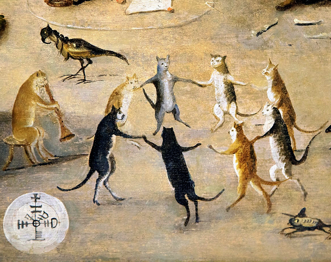A group of kittens dancing and making the circle during a witches’ Sabbat. Detail from The Witches’ Cove, Attrib. to Jan Mandijn or anonymous follower ~ 16th century.