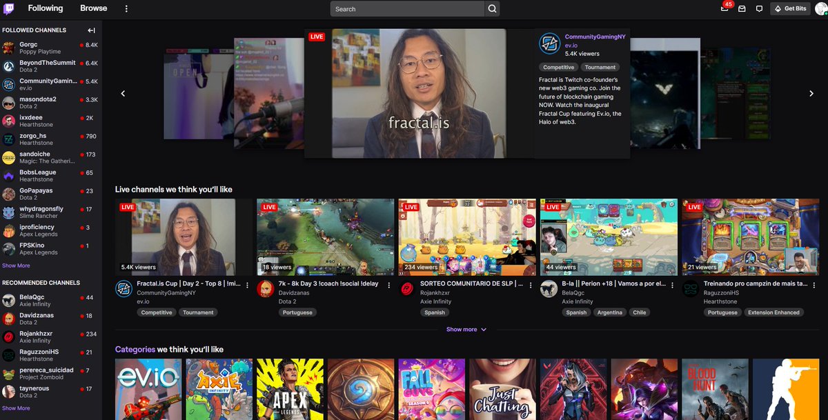 fractalwagmi's tweet photo. web3 gaming history: TWITCH FRONT PAGE

@play_evio fractal cup x @CommunityGaming 

7K viewers and climbing https://t.co/2UIKyhh2Fq