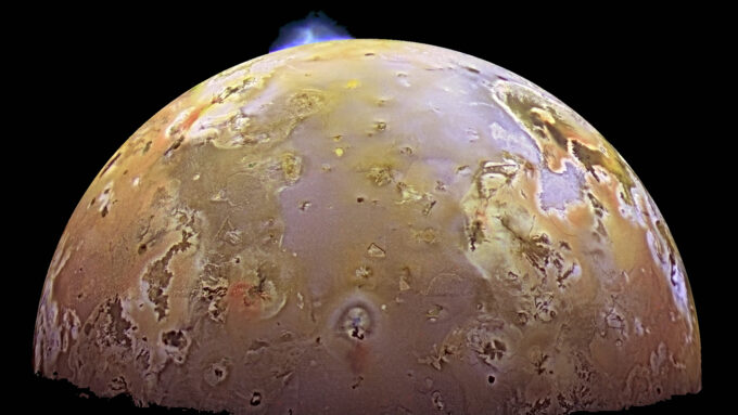 RxScience's tweet photo. A volcanic eruption (blue) can be seen on Jupiter’s moon Io, the most volcanically active body in the solar system. This image was taken by NASA’s Galileo mission, which ended in 2003. https://t.co/bCXPRDzc1U