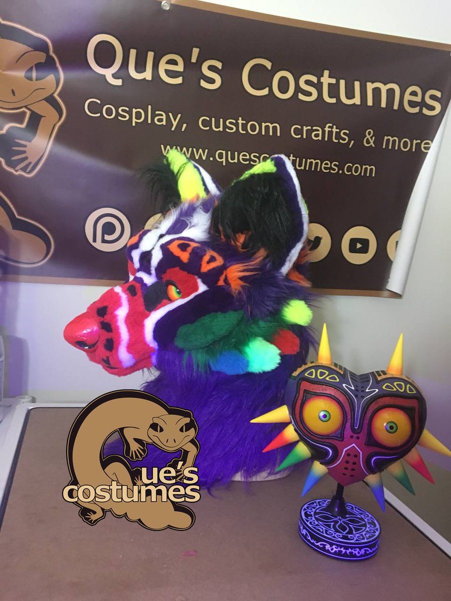 QuesCostumes's tweet photo. Majora's got a new look!

Built on a WoE base w/DVC nose, within a week using 13 unique furs; 6 reactive under UV light. Pictured w/2015 version &amp; F4F Majora's Mask.

We're open for commissions! Visit our site https://t.co/AxMzmbvDJn or email us quescostumes@gmail.com w/ details https://t.co/ujU9T1zALz