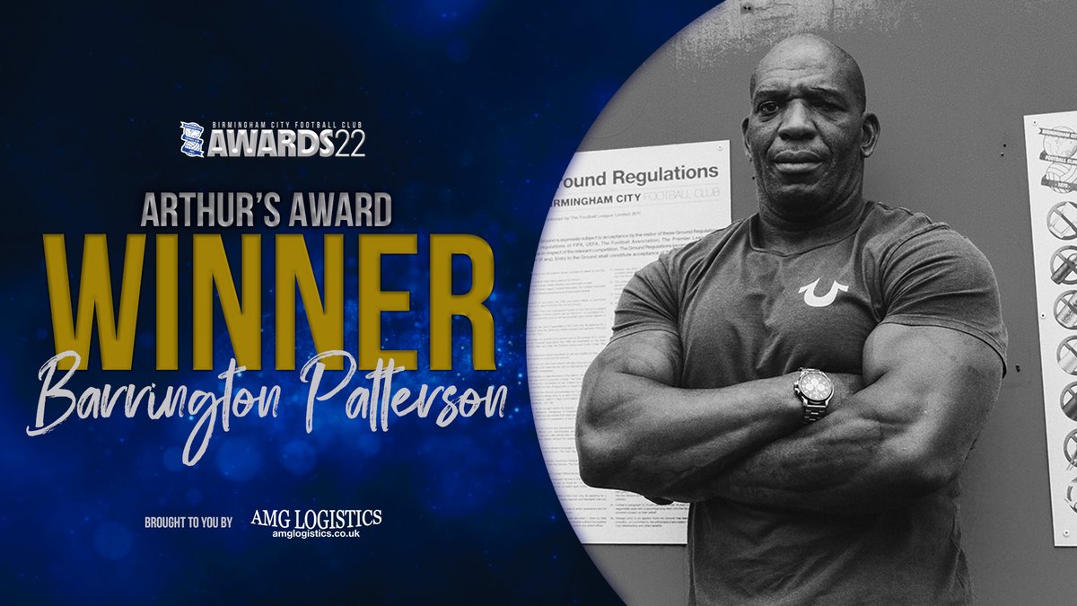 BCFC's tweet photo. Next up is the newly named Arthur’s Award, which recognises a charitable effort from within our community. 

For all his efforts in inspiring others to lead better lives, this award goes to Barrington Patterson. 💙

Sponsored by AMG Logistics. #BCFCAwards22 https://t.co/VIjCRZVmNJ