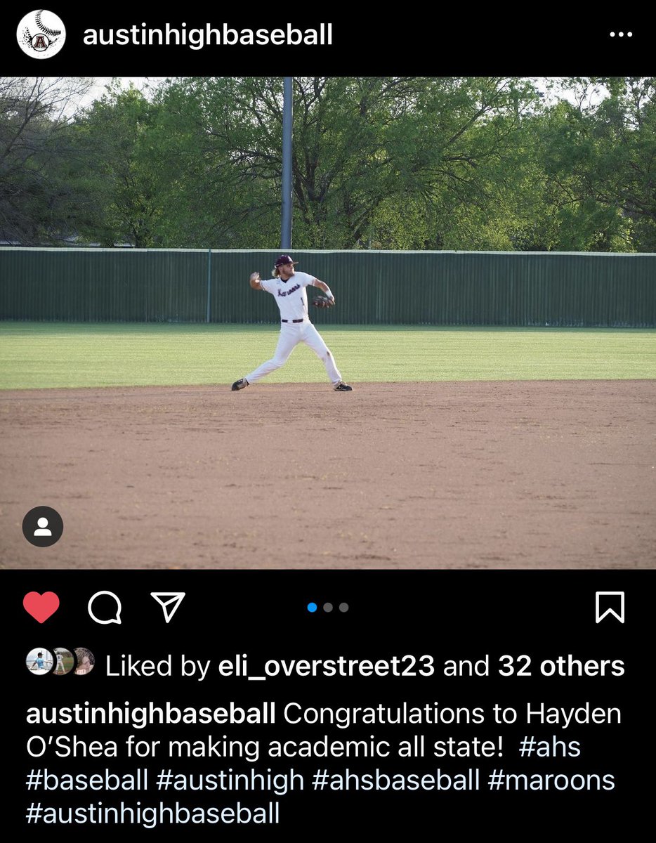 AustinHighBSBL's tweet photo. Congrats to senior @HaydenOShea1 on making the @THSBCA @6ATxHSBaseball Academic All State team. Hayden is headed to @NCState to study. Good luck Hayden! 👊 #baseball #studentathlete https://t.co/XtDNmr93i1