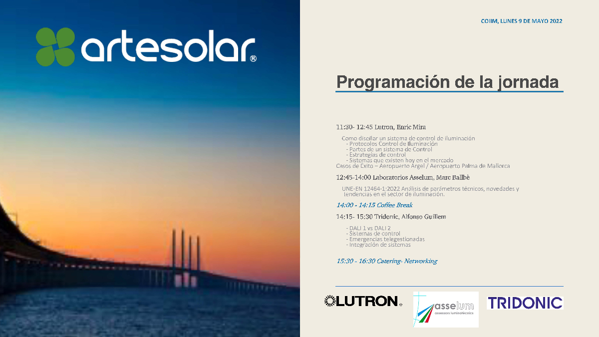 artesolar's tweet photo. 9 de Mayo: Únete a #Artesolar y participa en nuestro Seminario de Iluminación Interior en el #COIIE
No te lo pierdas!!
@Tridonic @asselum_sl @Lutron https://t.co/69JDrXwEgf