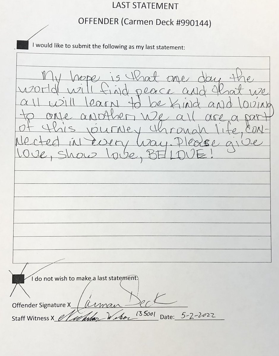 RDunhamDP's tweet photo. Even as he was being executed, Missouri didn’t care enough to correctly spell Carman Deck’s name. Contrast that lack of concern with the content of Mr. Deck’s statement. @MADPMO @DPInfoCtr https://t.co/R29yTNJKSp