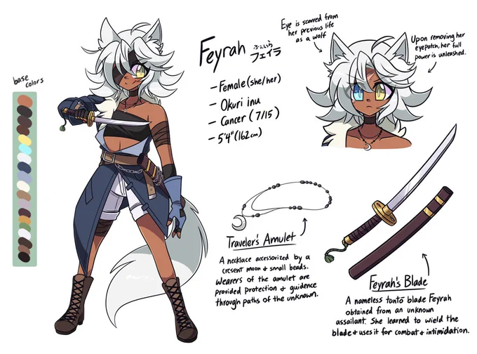 Design + ref update for Feyrah!
Feyrah is the adventurous okuri inu who is always up on her feet, monitoring human activity in the woods and fending off any danger. She dreams to do something even bigger to serve yokai and humans alike. 🐺🌙
#TheBarrierBeyond #originalcharacter 