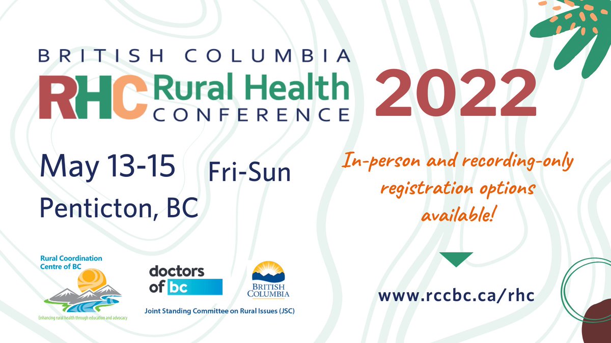 Rural Coordination Centre of BC (RCCbc) (@rcc_bc) on Twitter photo Last day to register! Take part in <a href="/RCC_bc/">Rural Coordination Centre of BC (RCCbc)</a>’s BC Rural Health Conference on May 13-15! This conference will showcase #ruralhealth innovations, rurally-relevant sessions, and opportunities for networking. Session recordings will be made available. rccbc.ca/rhc #RHC2022 Last day to register! Take part in <a href="/RCC_bc/">Rural Coordination Centre of BC (RCCbc)</a>’s BC Rural Health Conference on May 13-15! This conference will showcase #ruralhealth innovations, rurally-relevant sessions, and opportunities for networking. Session recordings will be made available. rccbc.ca/rhc #RHC2022