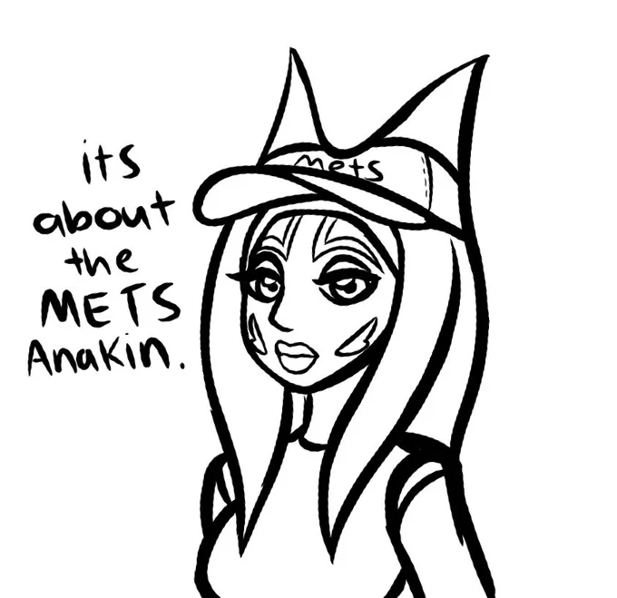My friend was like "I wonder how Ahsoka would wear a baseball cap" so I doodled it while also drawing her from memory 