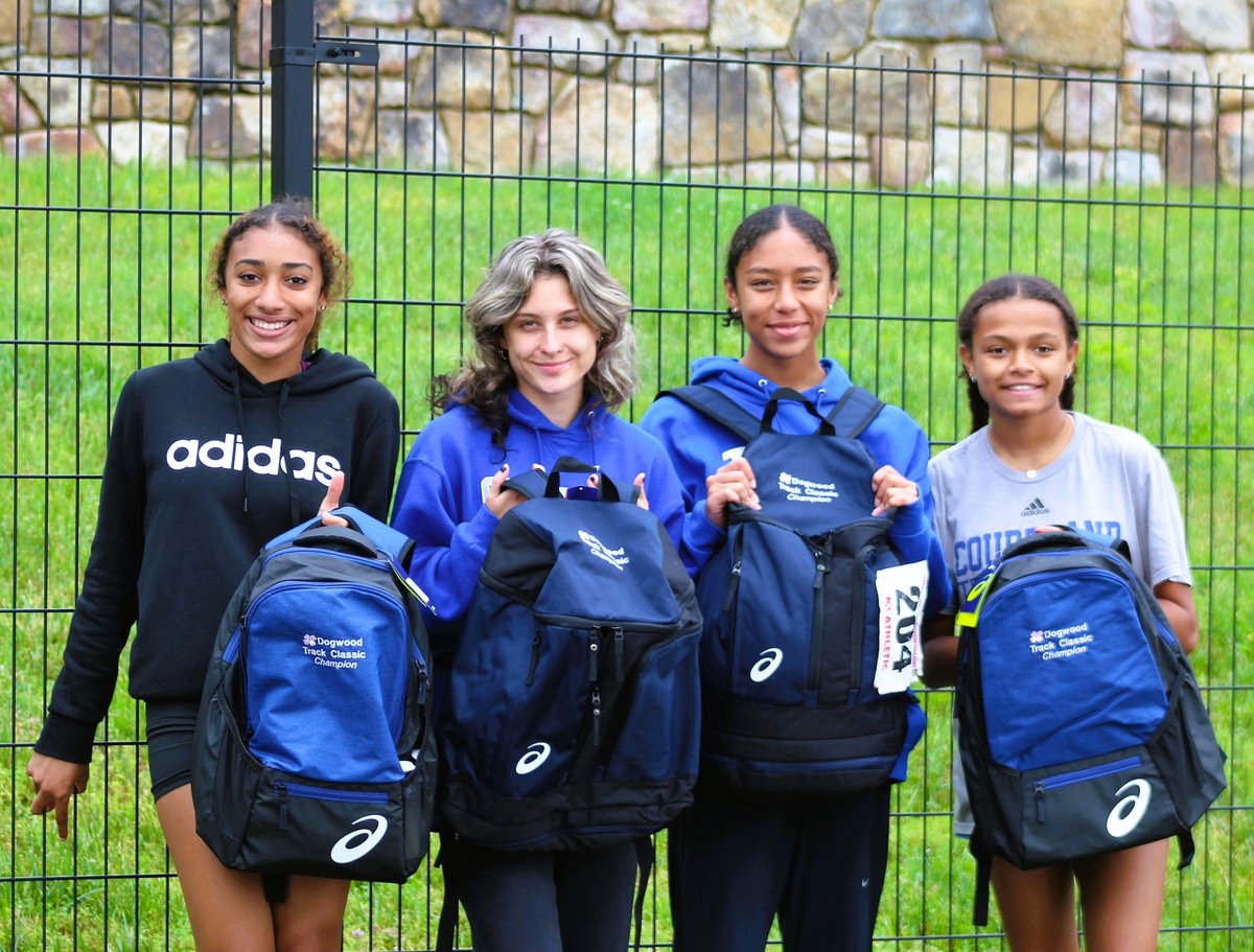 TrackCourtland's tweet photo. Big congratulations to Peyton, Lily, Lauren and Paige for winning 1st place in the Girls Sprint Medley at the Dogwood Track Classic-UVA!  The first, first place of the meet! New Asics backpacks! Go Cougars! @CourtlandHSWeb @FLSVarsity @SCPS_DeputySupt @DogwoodTrack @ASICSamerica https://t.co/BXYker82bZ