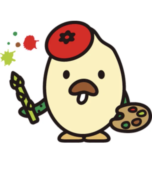 Komenarudo (an agricultural mascot from Aizu, Japan) is an artistic rice fairy with a tomato beret, cucumber arms, and a shiitake mushroom mustache and mouth, who paints with an asparagus brush. 