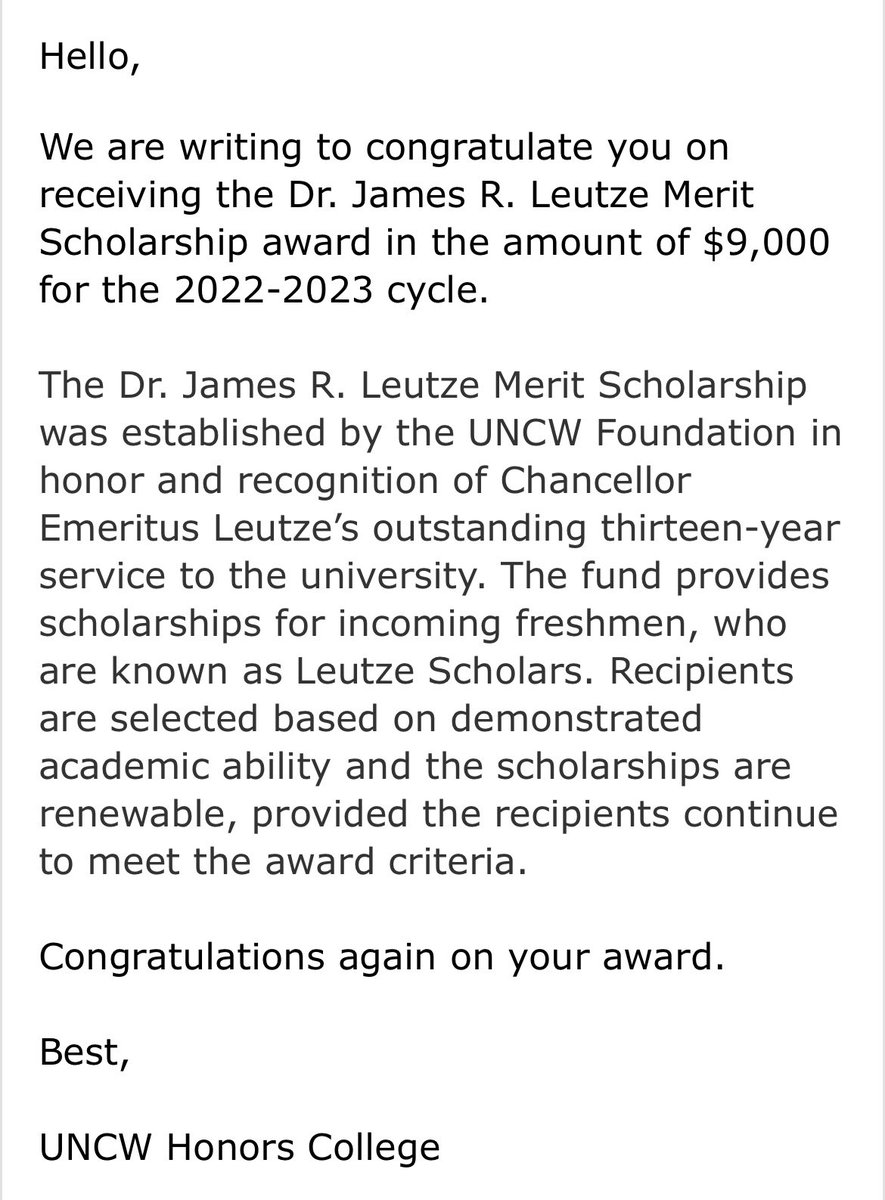 bridgetfrostt's tweet photo. i’m so proud to announce i’ve been awarded the leutze scholarship at uncw!  i’m extremely grateful for my family, teachers, and friends for helping me achieve this! https://t.co/oRALs5i3bk