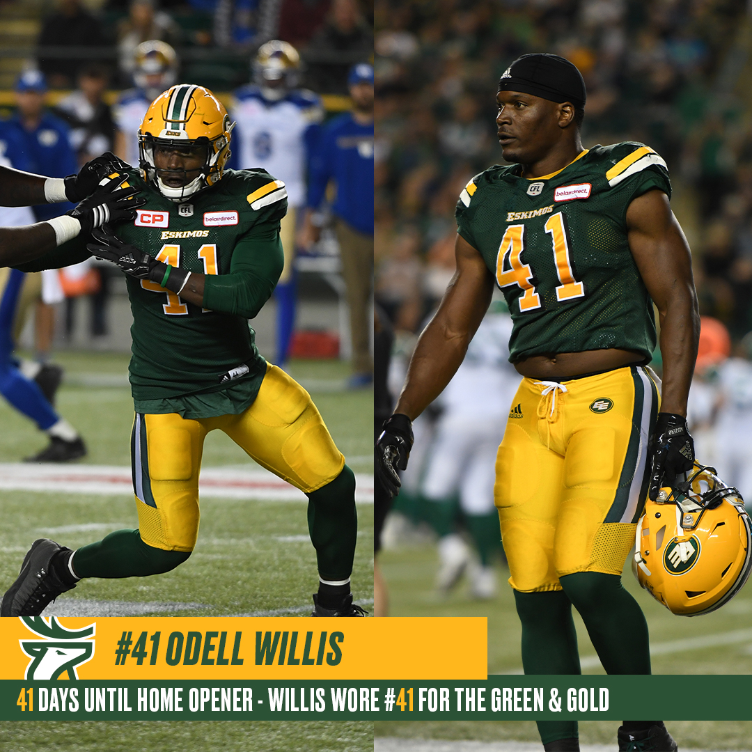 GoElks's tweet photo. 4️⃣ 1️⃣ 

41 more days until the Home Opener! Odell Willis wore #41 and won the 103rd Grey Cup in 2015! #GoElks https://t.co/8qJFR8hLfX