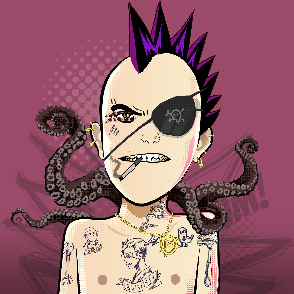 Hello <a href="/normies_nft/">meet the normies</a> #9331 also Known in the punk rock scene as "Harsh Mixed Lance", with his tentacles, and <a href="/doodles/">doodles</a> + <a href="/AzukiOfficial/">Azuki</a> +<a href="/CryptoDickbutts/">CryptoDickbutts</a>  honorary tattoos... a full on sick degen. #DoodleWorld #AzukiArt  #NFT  👉 premint.xyz/the-normies/
