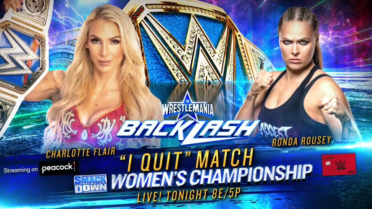 WWE's tweet photo. Who will say "I Quit" TONIGHT at #WMBacklash??? @MsCharlotteWWE @RondaRousey 

🦚 https://t.co/TH3AlOF80t
🌍 https://t.co/aEwGYU7p64 https://t.co/A88GIN1JZT