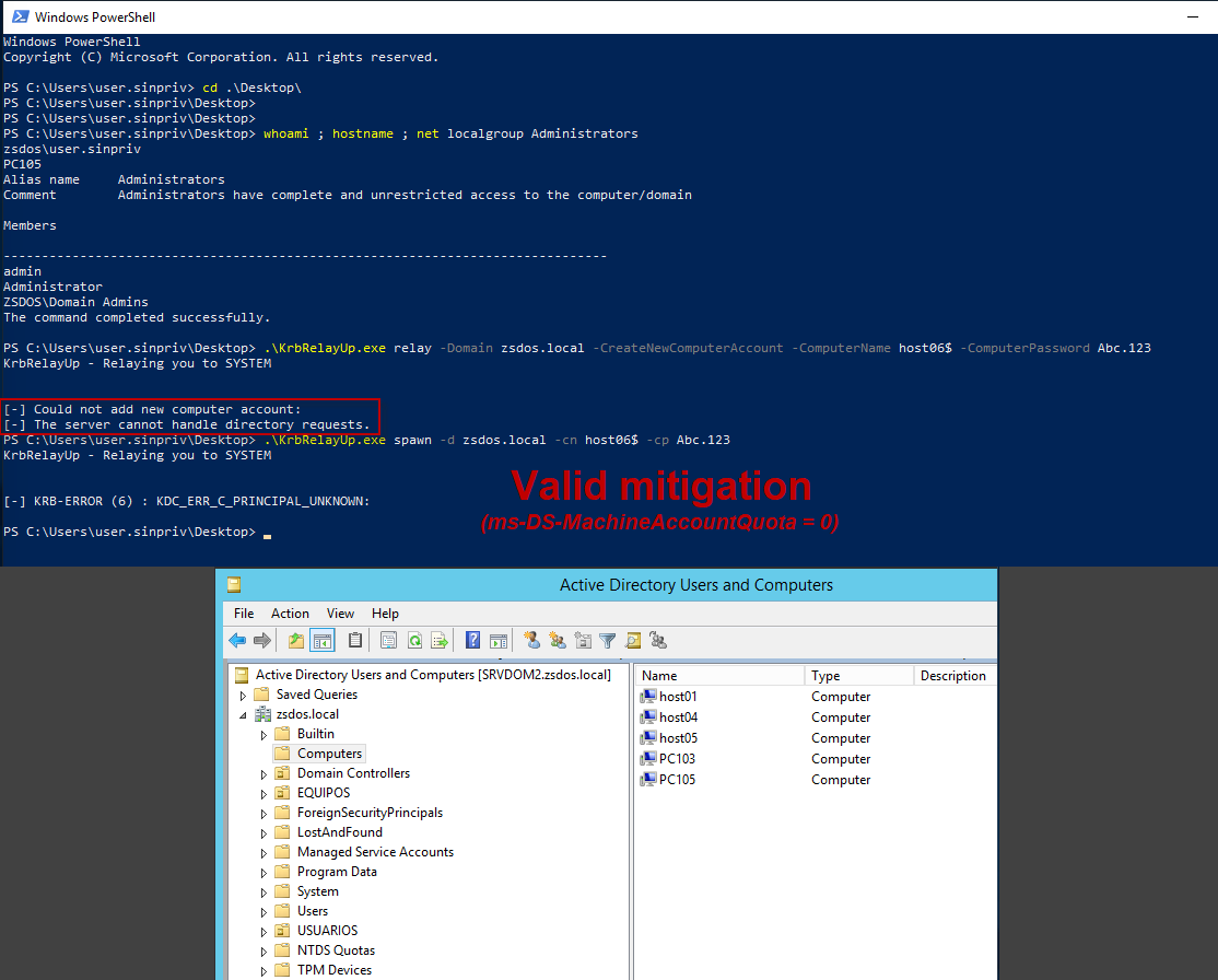 adrianlois_'s tweet photo. @wdormann @dec0ne @tiraniddo @cube0x0 @harmj0y It seems that the best form of mitigation is to modify the ms-DS-MachineAccountQuota=0 attribute directly avoids host creation in AD and would also avoid persistence. I think it has less impact than requiring LDAP signature for retrocompatibility in legacy envs. @wdormann @dec0ne https://t.co/7rHIYOlfgi