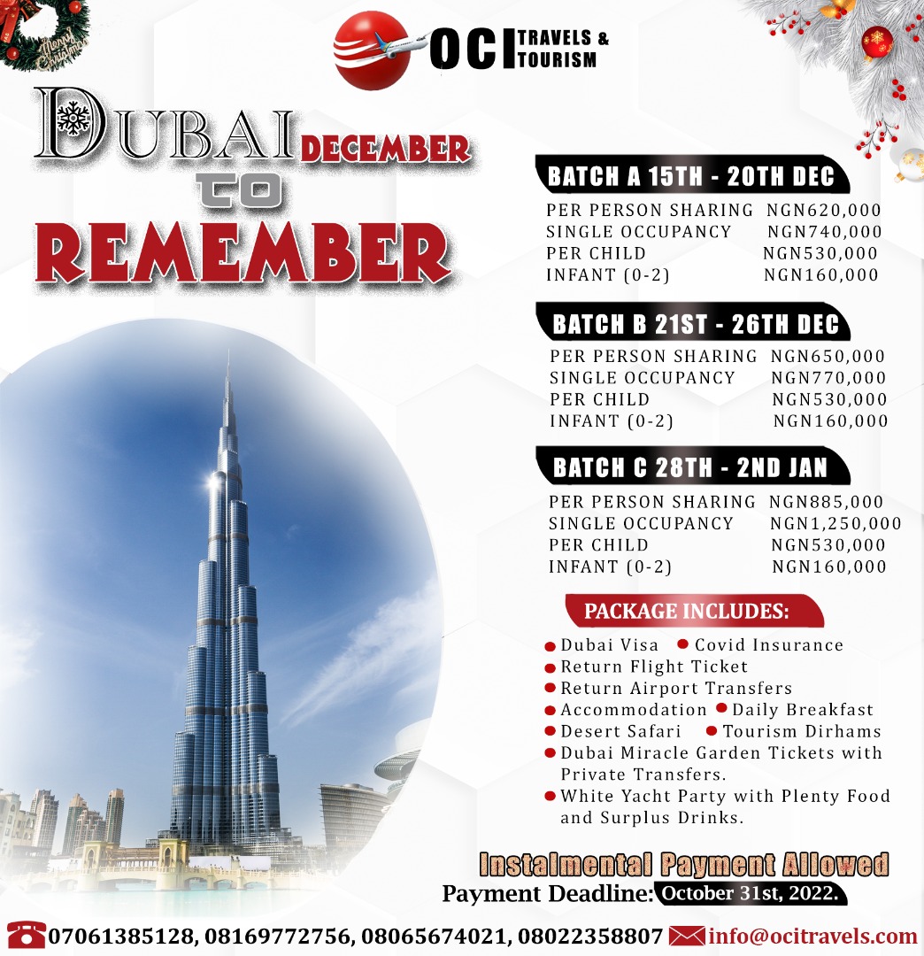 OCI_Travels's tweet photo. As December is fast approaching, experience a new side of Dubai with this 5 nights December package in batches.

#travelconsultant #traveladvisory #travel #visaprocessing #visaapplication #dubai #dubaicitytour #christmas #bussinesstrip #decembertrip #vacation #holidaytrip https://t.co/exdFIaLx7u