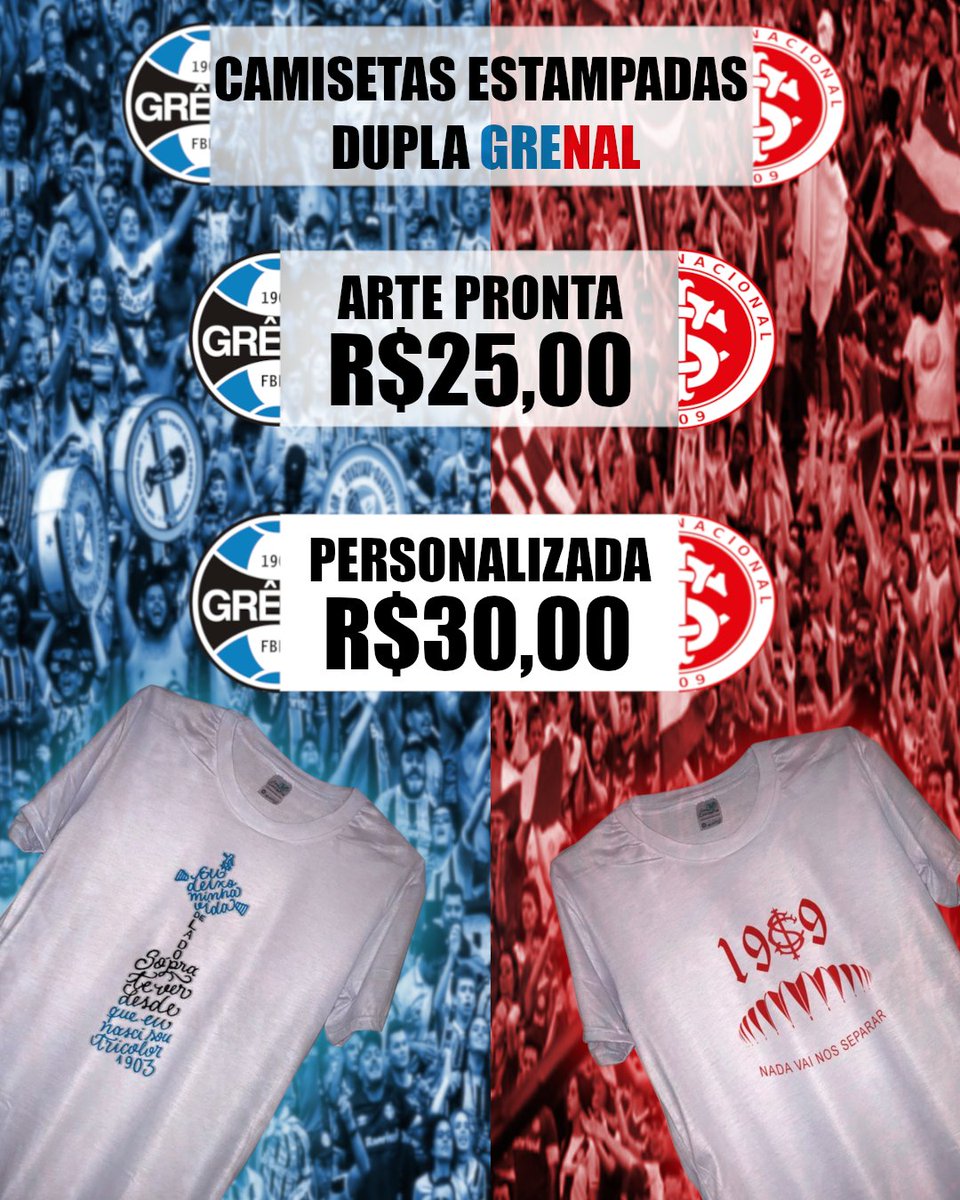 flores_design's tweet photo. Camisetas estampadas dupla GRENAL!

ARTE PRONTA : R$ 25,00

PERSONALIZADA : R$ 30,00

#grenal #gremio #inter #portoalegre #futebol #grêmio #internacional #tricolor  #scinternacional #feitosdepaixão #camisasdetimes #gremistas #nadavainosseparar  #beirario #sci #torcidacolorada https://t.co/Dt3D3MpIqy