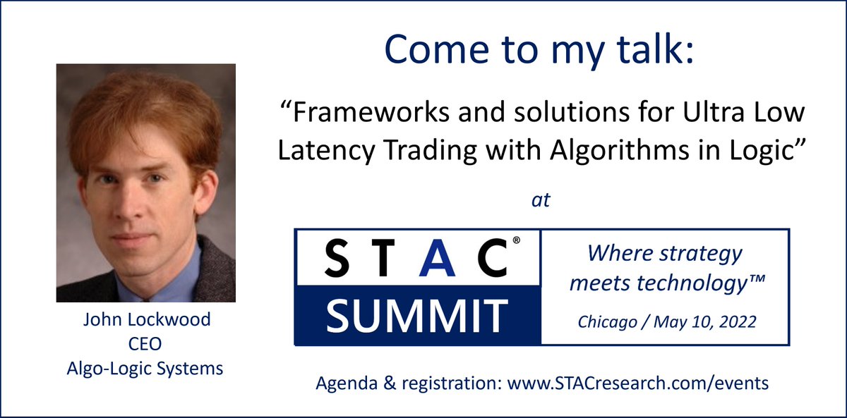 Join Algo-Logic in Chicago this Tuesday to hear how your trading firm can benefit from Frameworks and Solutions for Ultra-Low-Latency Trading with Algorithms in Logic.  <a href="/stacresearch/">STAC</a> #LowLatency #FPGA stacresearch.com/spring2022CHI pic.x.com/JgVu3L8in0