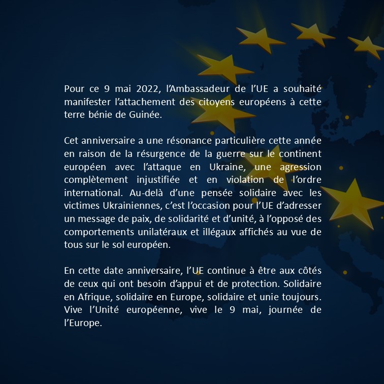UEenguinee's tweet photo. Message de l'Ambassadeur de l'Union européenne en Guinée à l'occasion du 9 mai
#EuropeDay2022 https://t.co/KGMfOEyWUn