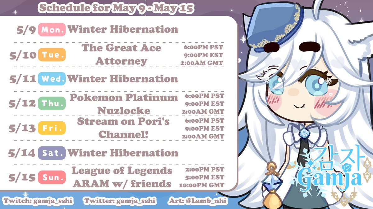 achefloww's tweet photo. ❄️SCHEDULE FOR MAY 9 - 15❄️

shhhhh i didn't reupload this cuz of a typo

Live: #GamjaLIVE
Art: #DrawGamja

#ENVtuber #Vtuber #VTuberUprising https://t.co/TDNHbkCxHs