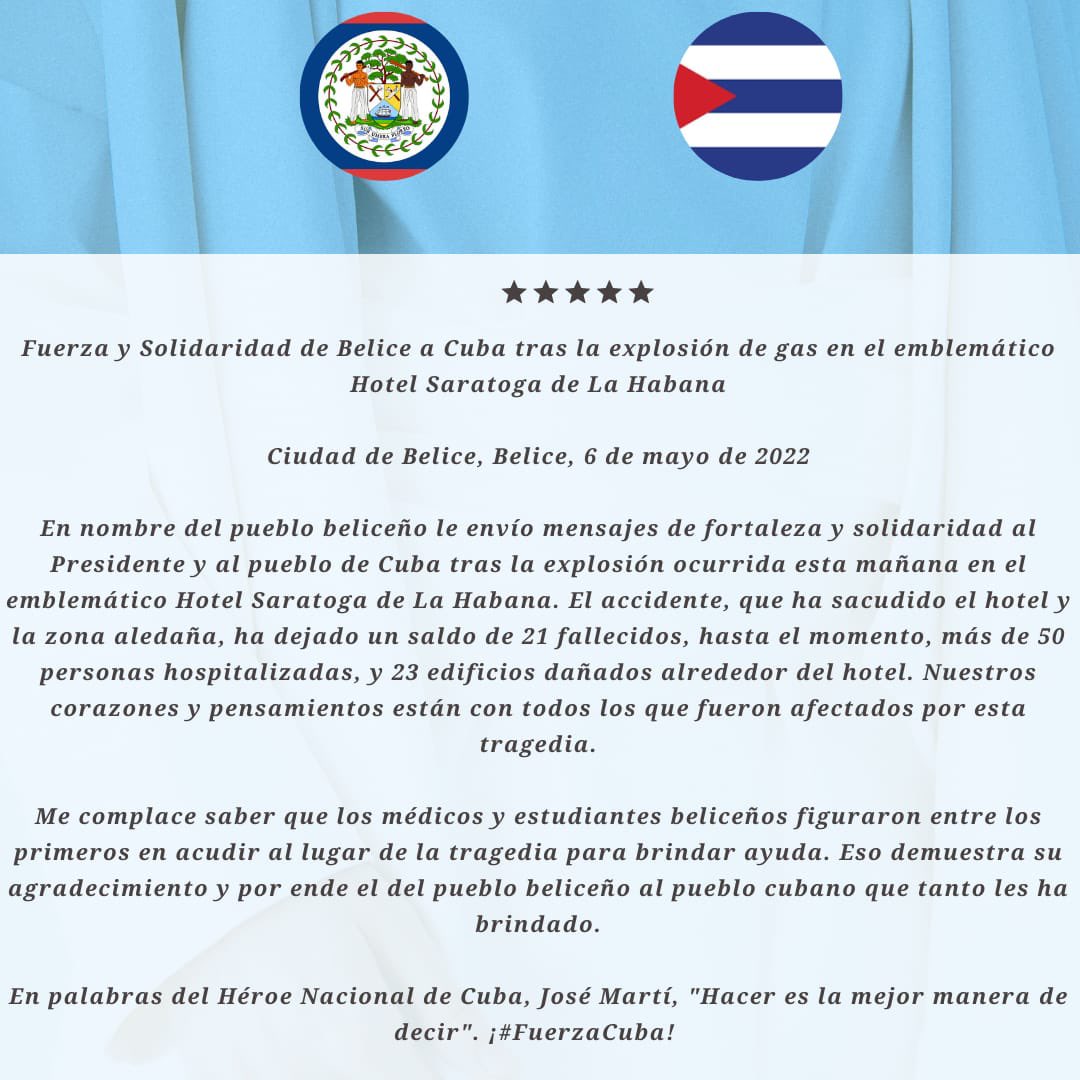 On behalf of the people of Belize, I sent words of support and solidarity to the President and people of Cuba.

#FuerzaCuba #prayersforCuba #support