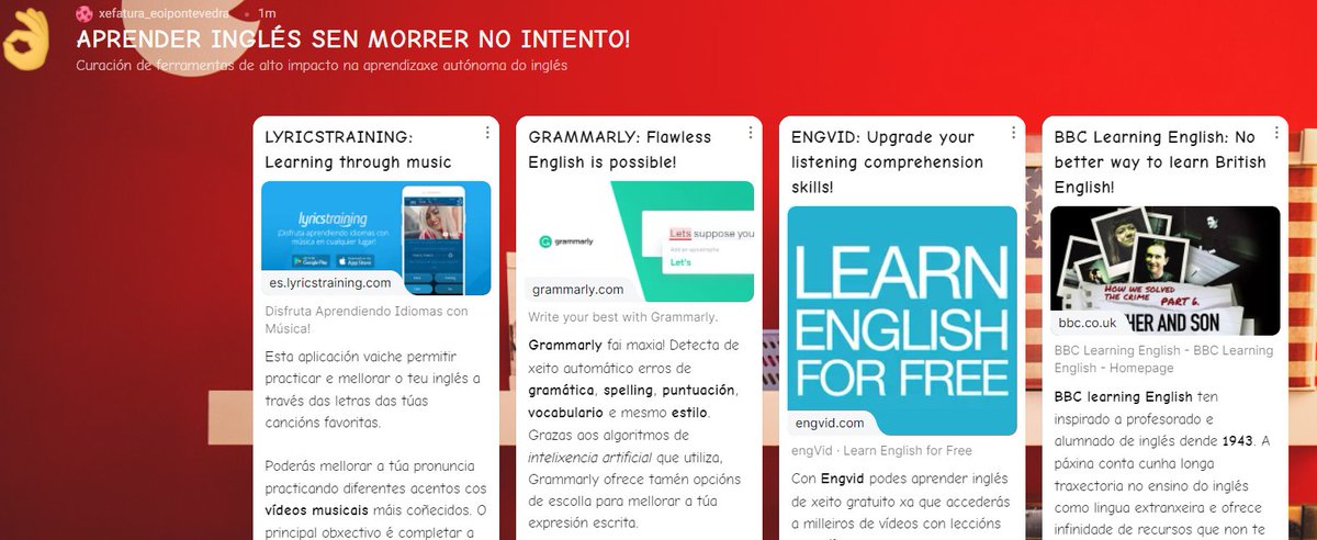paula_cernadas's tweet photo. Queres aprender inglés sen morrer no intento? Velaquí a miña #curacion_ingles para #CAFI_CompDixAut a través de @padlet Mágoa que o curso chega ao final. O que tal temos aprendido grazas a @deirdrebm e @carmenedge
https://t.co/sS4nLQJLut https://t.co/NbvAnMuanw