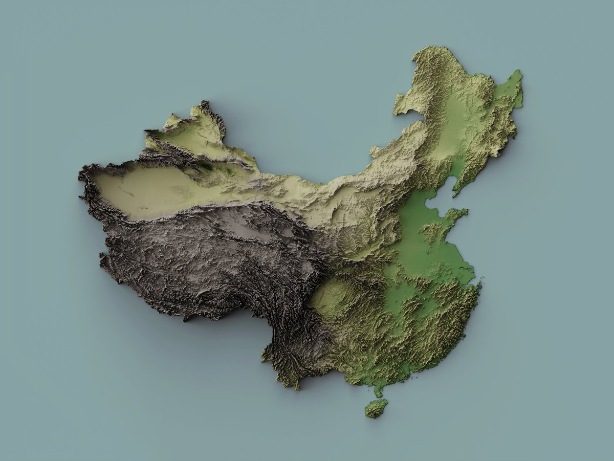 _geography_geek's tweet photo. An exaggerated relief map of China. This map really displays the elevation difference between the Taklamakan Desert and the Tibetan Plateau. Prints of this map are now for sale on my website. Expect more countries and US states to be uploaded soon. - https://t.co/4cFy1Hd6Av https://t.co/HdOWMKxRit