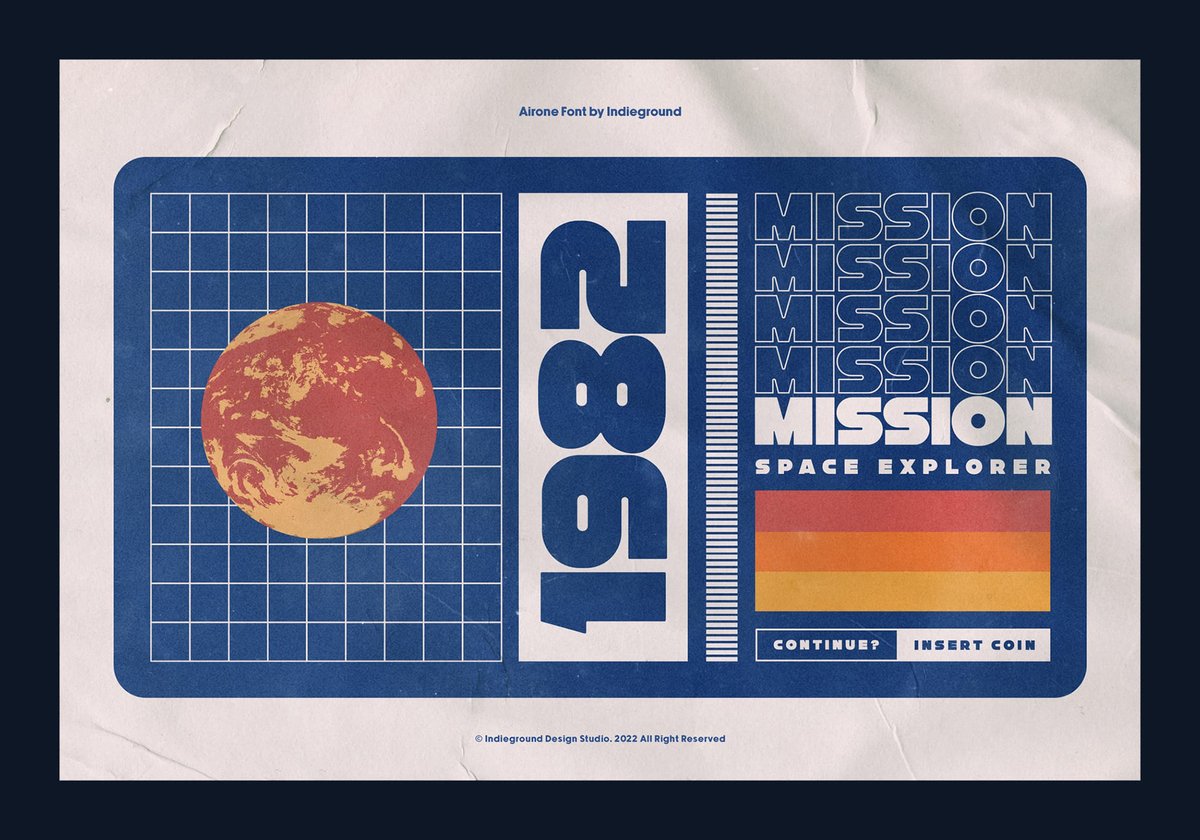 carolinecs's tweet photo. Give me a bold font, a vintage look, rocket-ships in badges, 1982 (the year I was born) and some cool layouts, and I am all in! Awesome font and presentation layouts @theindieground https://t.co/432ERt2HkU