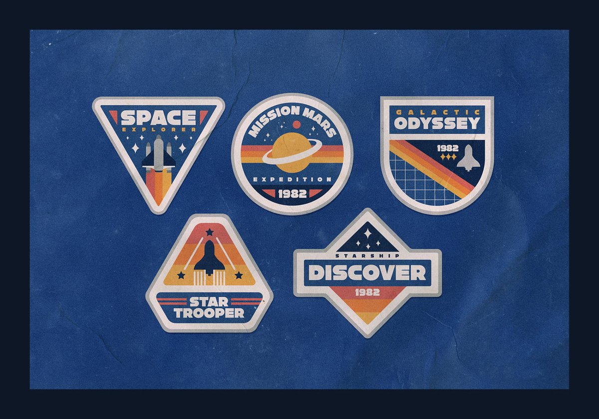carolinecs's tweet photo. Give me a bold font, a vintage look, rocket-ships in badges, 1982 (the year I was born) and some cool layouts, and I am all in! Awesome font and presentation layouts @theindieground https://t.co/432ERt2HkU