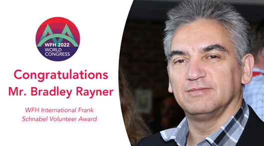 wfhemophilia's tweet photo. It is our honour to bestow the 2022 WFH International Frank Schnabel Volunteer Award to Bradley Rayner. His belief in our vision of Treatment for All shines through his 20+ years of work with the South African Hemophilia Society: https://t.co/1d01zq2i7x #WFHCongress2022 https://t.co/3yC71vCJQg