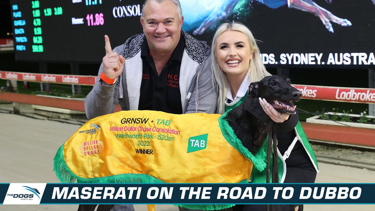 Thedogs_com_au's tweet photo. Zipping Maserati is off to Dubbo for Saturday night's heats of The Brother Fox (formerly the Dubbo Gold Cup) following his runaway win in Saturday's #MillionDollarChase Consolation at Wentworth Park...
Read More: https://t.co/qSBC4vireQ
#thedogs #brotherfox #dubbodogs https://t.co/aei8XOBHaB