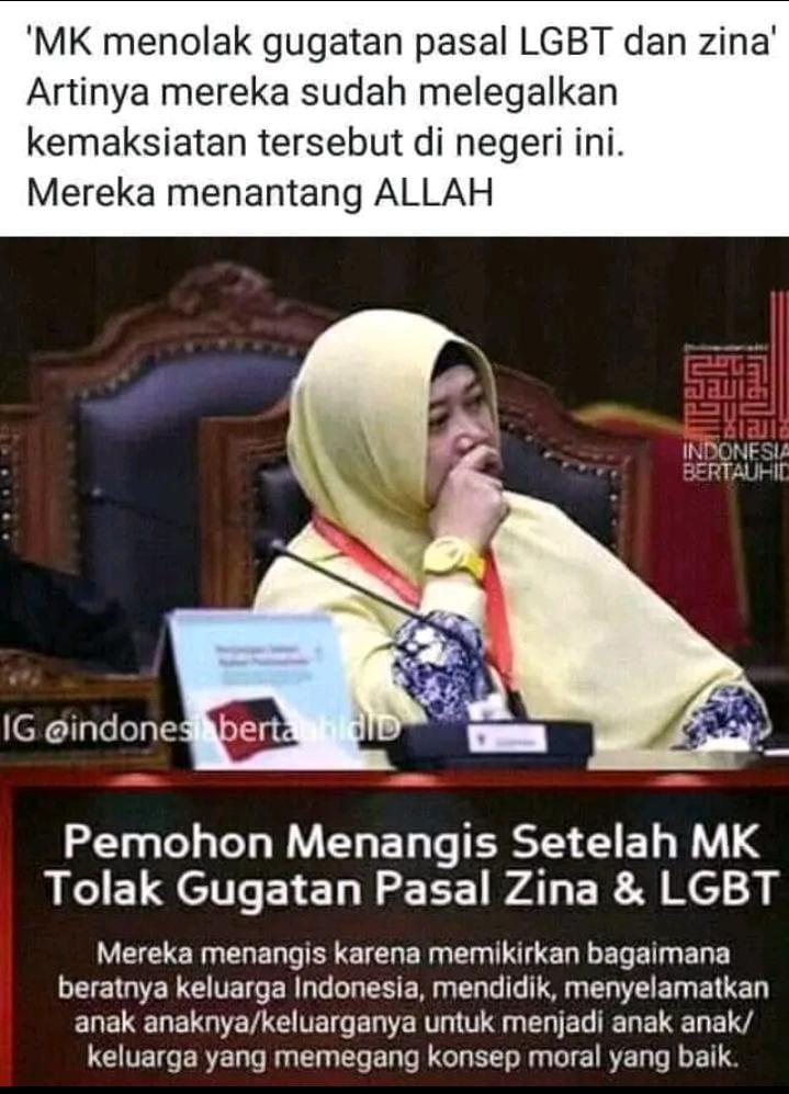 Apa Pendapat Anda??
Ketika MK Menolak Gugatan Pasal LGBT,,,
Apa Mereka MK Sudah Di Bayar???
Apa Mereka(MK) Sama/skelompok Dari (LGBT)??
