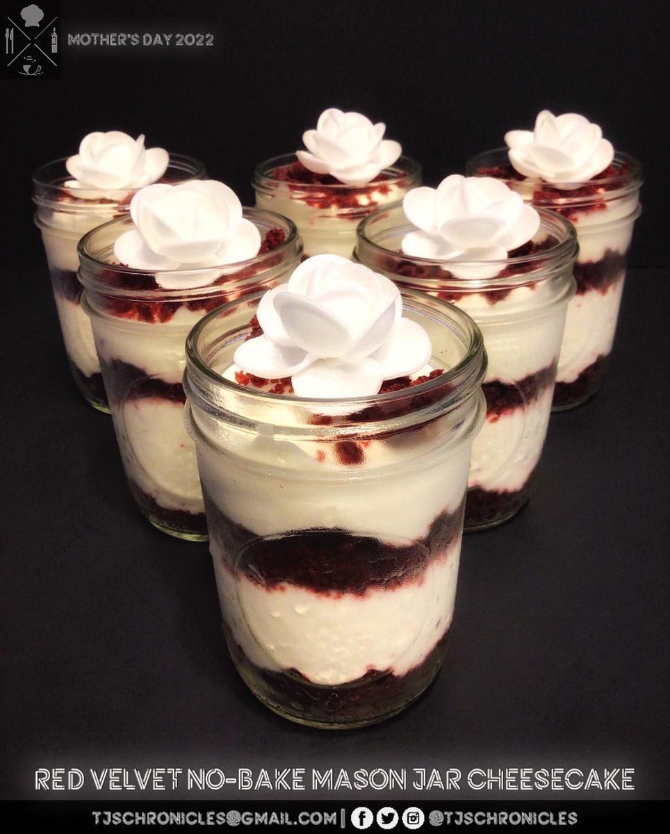 TJsChronicles's tweet photo. The Red Velvet No-Bake Mason Jar Cheesecakes pay tribute to the ladies in my life &amp; all those Moms out there being honored on their special day.

#GoodEats #ItsAGoodThing #MothersDay #RedVelvet #WhiteChocolate #MasonJars #RedVelvetCheesecake #Cheesecake #Dessert #TJsChronicles https://t.co/fEUw8TML4m