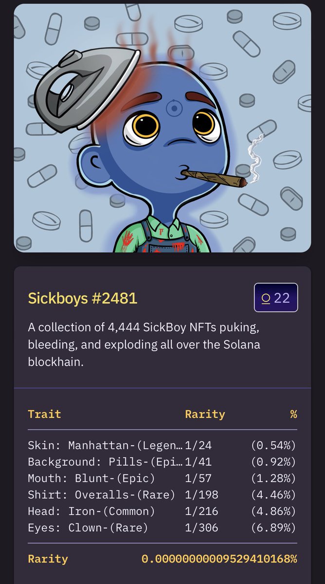 ALEXETNIKO's tweet photo. @SickBoysNFT They sold me this rank 22 for 2.4 sol 😂😂😂 i love these paperhands 🤮 https://t.co/TZjOKBWz7P