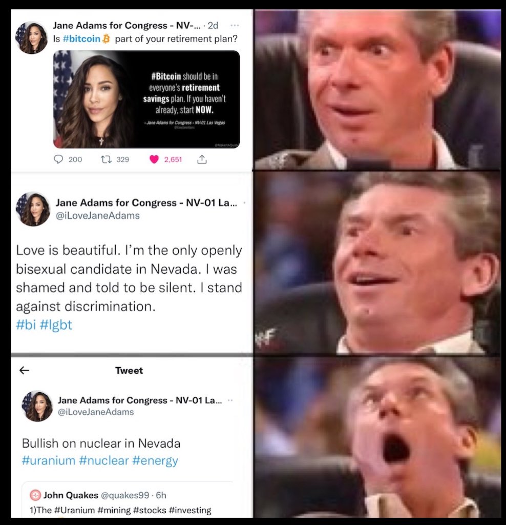 UrTokenCorgi's tweet image. Jane Adams, our future pro-#nuclear president. But first, Nevada congress! @iLoveJaneAdams #VoteJaneAdams 

1) #Bitcoin 
2) Fighting for #LGBTQ rights &amp;amp; equality 
3) Pro-#nuclear

@uranium100k #uranium #NetZero #JaneAdams #BTC