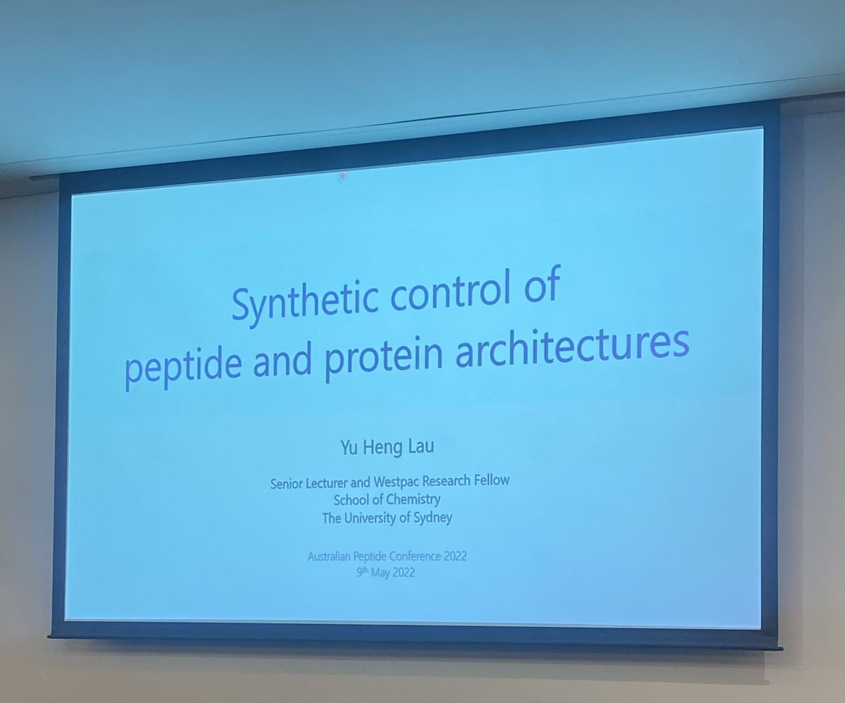 AusPeptide's tweet photo. In an exciting change to our program we’re hearing from Yu Heng Lau @YuHengLau from @SydneyChemistry earlier than expected! He’ll be talking about work from his team @taylorszyszka @nurentasneem on Synthetic control of Peptide and Protein architecture

#AusPeptide2022 https://t.co/eYJ5SIbJz4