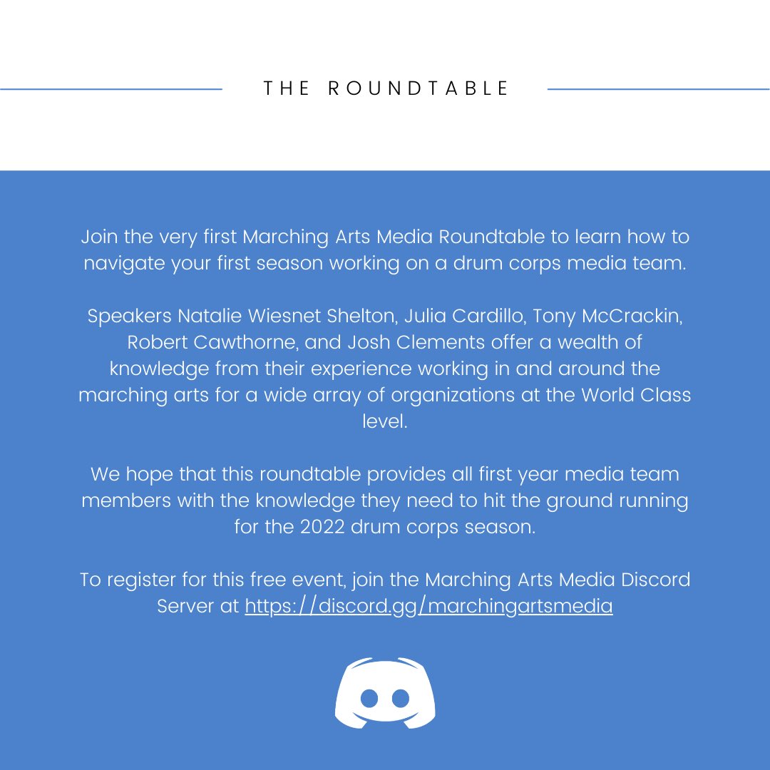 Maybe_Mojo's tweet photo. The Marching Arts Media discord is hosting our first roundtable event this Tuesday!

This event is aimed at people going on their first tour on staff but is open to anyone!

Tuesday, May 10th @ 8:30pm EST

Message me for a link to the discord server ☺️ https://t.co/tCaU8jjAoI