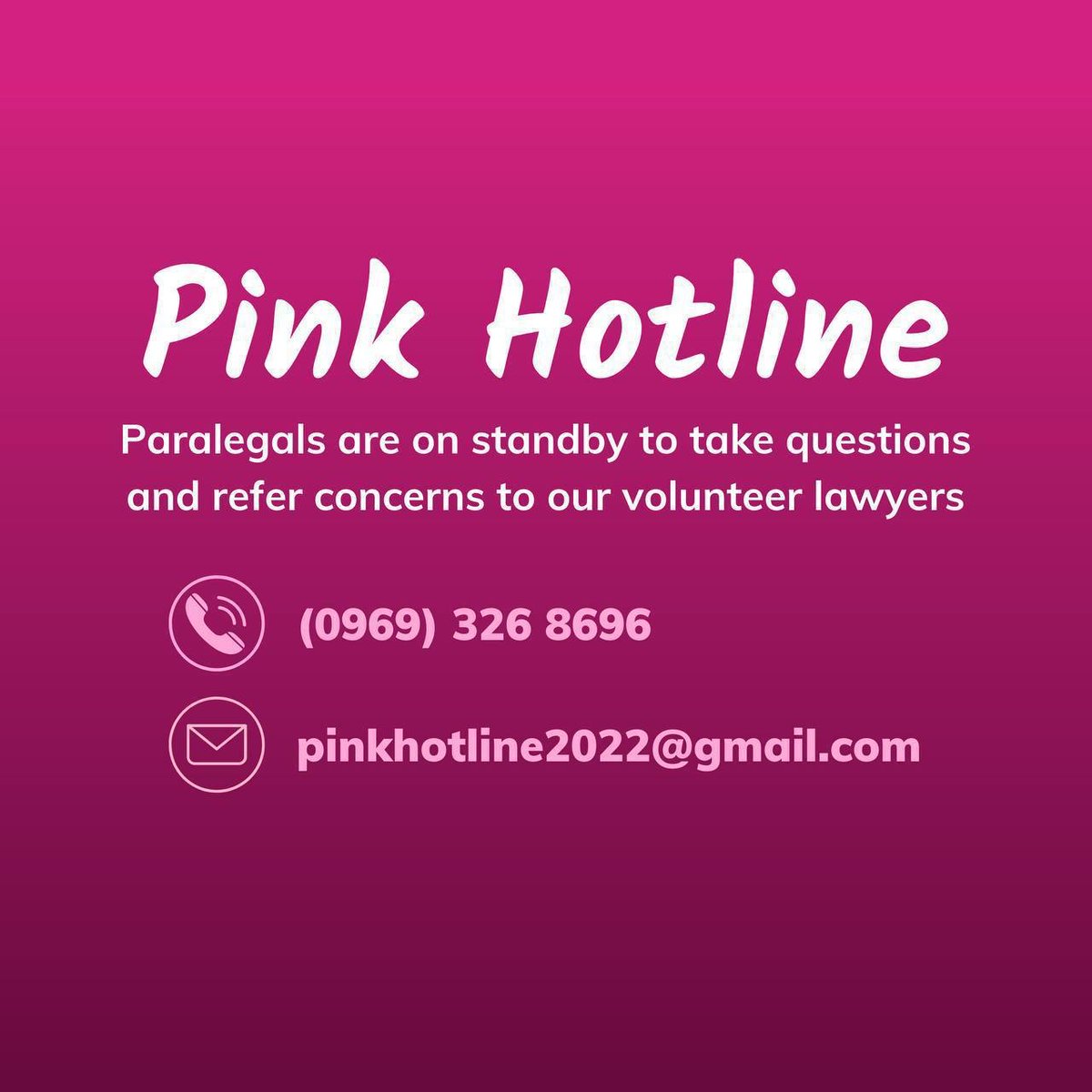 Paralegals are on standby to take questions and refer concerns to our volunteer lawyers. PLEASE CONTACT THE FOLLOWING: CALL/TEXT HOTLINE: 09693268696 EMAIL: pinkhotline2022@gmail.com GO OUT AND VOTE! #Halalan2022 #Eleksyon2022 #VoteSAFEPilipinas http:pinkhotline2022@gmail.com