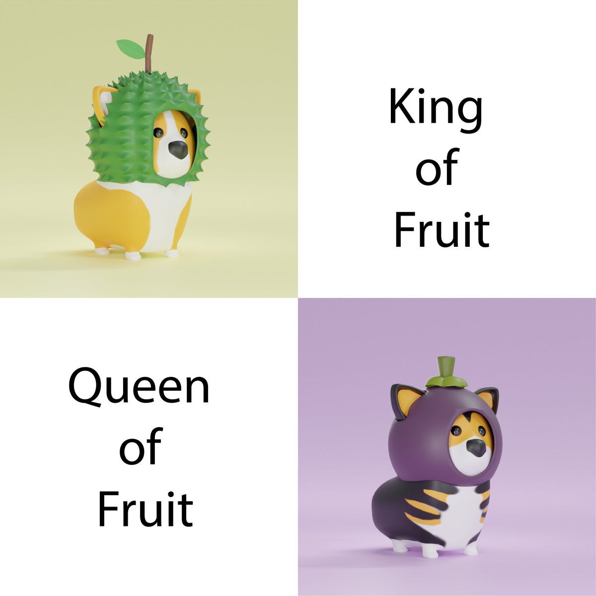 3DCorgiCute's tweet photo. Durian (King of fruit) and Mangosteen (Queen of fruit)

>>Corgi Cute Emotionless
https://t.co/F3l5M5i2IT  

>>Corgi Carousel (Animation with sound)
https://t.co/GY24r0hPHr

#NFT #Corgi #NFTdrop #NFTshill #Opensea #NFTCommunity #3D #nftcollectors https://t.co/L8vRsRKpzI