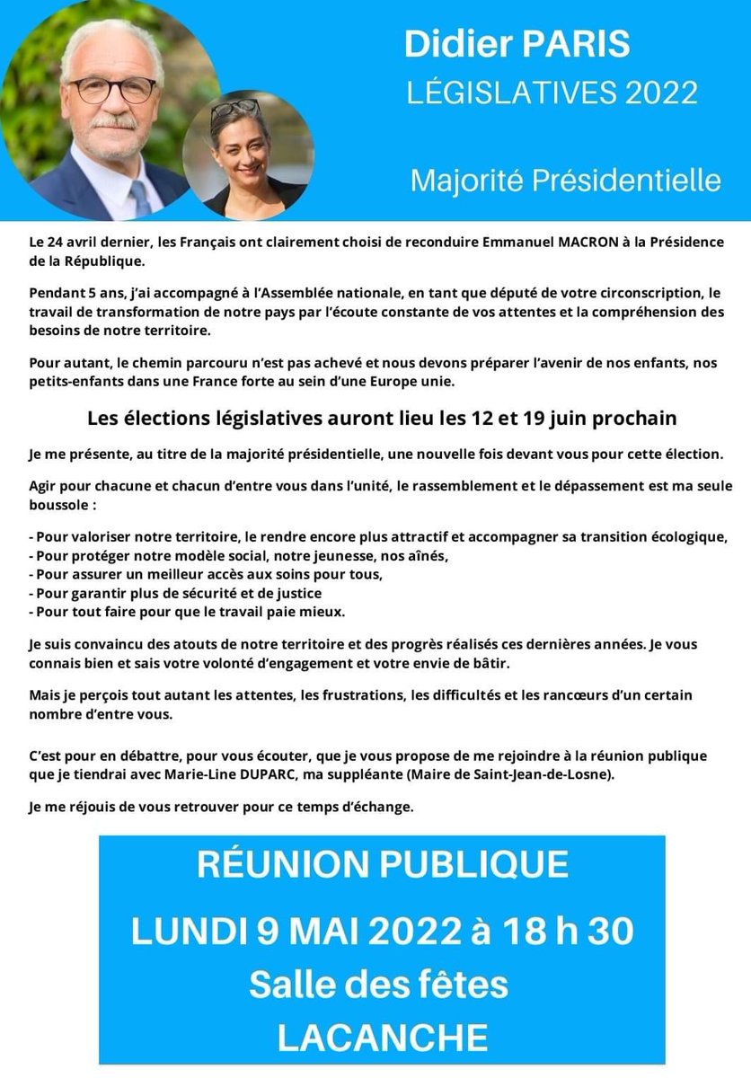Après 5 ans de travail sur le terrain et à l’<a href="/AssembleeNat/">Assemblée nationale</a>, je suis #candidat au titre de la majorité présidentielle pour les #legislatives2022 des 12 et 19 juin.
👉 Je viens à votre rencontre #CeSoir à Lacanche en réunion publique.
👉 Venez nombreuses et nombreux👇