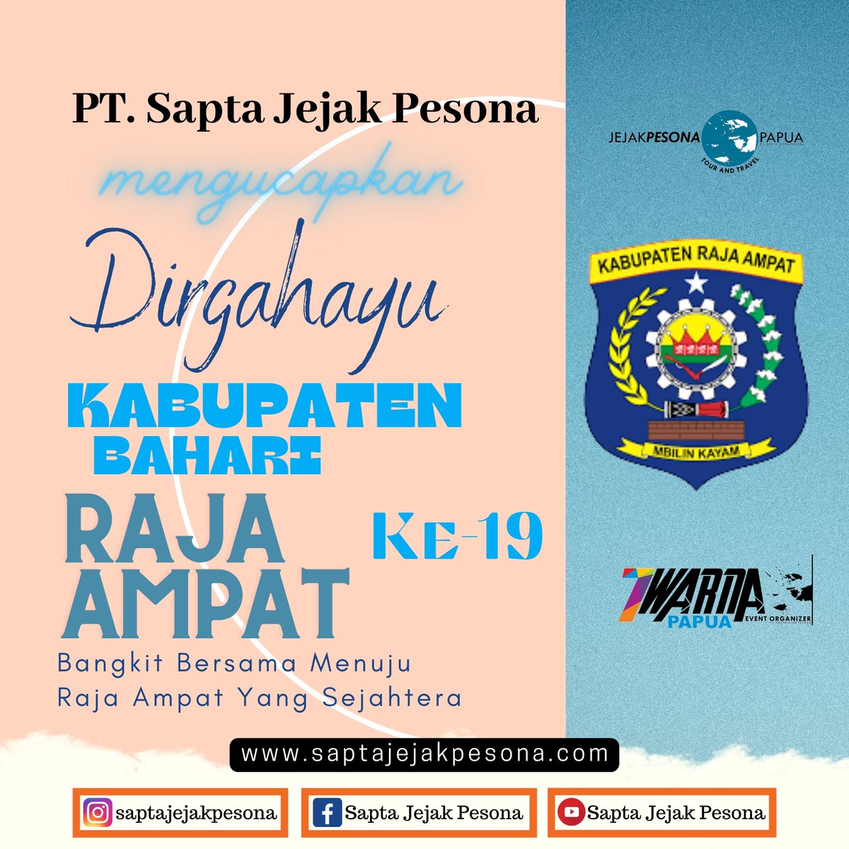 JejakSapta's tweet photo. Selamat Ulang Tahun Kabupaten Bahari Raja Ampat yang Tercinta
#rajaampat #wonderfulrajaampat #pesonarajaampat #wonderfulindonesia #pesonaindonesia #kabupatenbahari #baharirajaampat #pariwisata #perikanan #saptajejakpesona #jejakpesonapapuatourtravel #7warnapapuaeventorganizer https://t.co/AKB73R6HTd