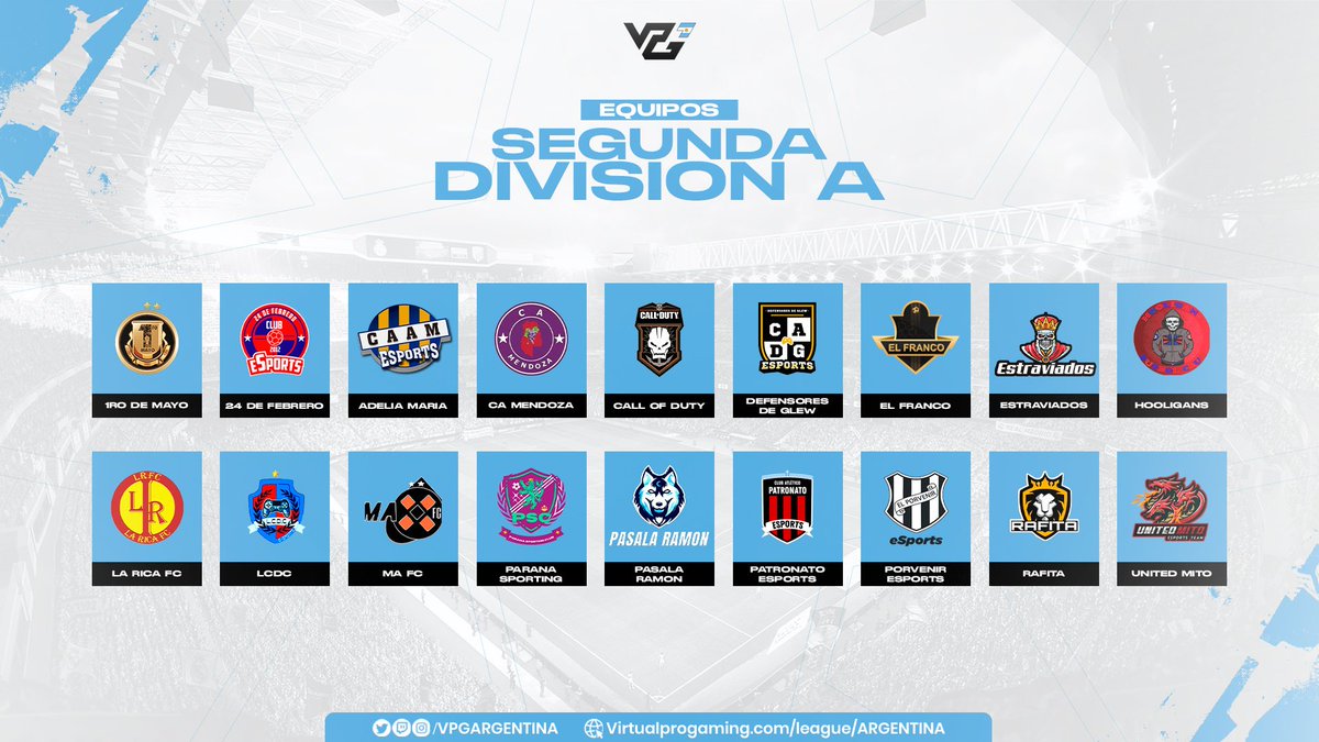 WFLArgentina's tweet photo. ⚽ #NUEVATEMPORADA #VPGSEGUNDA

Estos son los Clubes que arrancan con la ilusión de ascender a la máxima categoría de VPG.

Está temporada contaremos con grandes presencias 🤙

Este  9 de mayo arranca VPG. https://t.co/1i2aeTXCqK