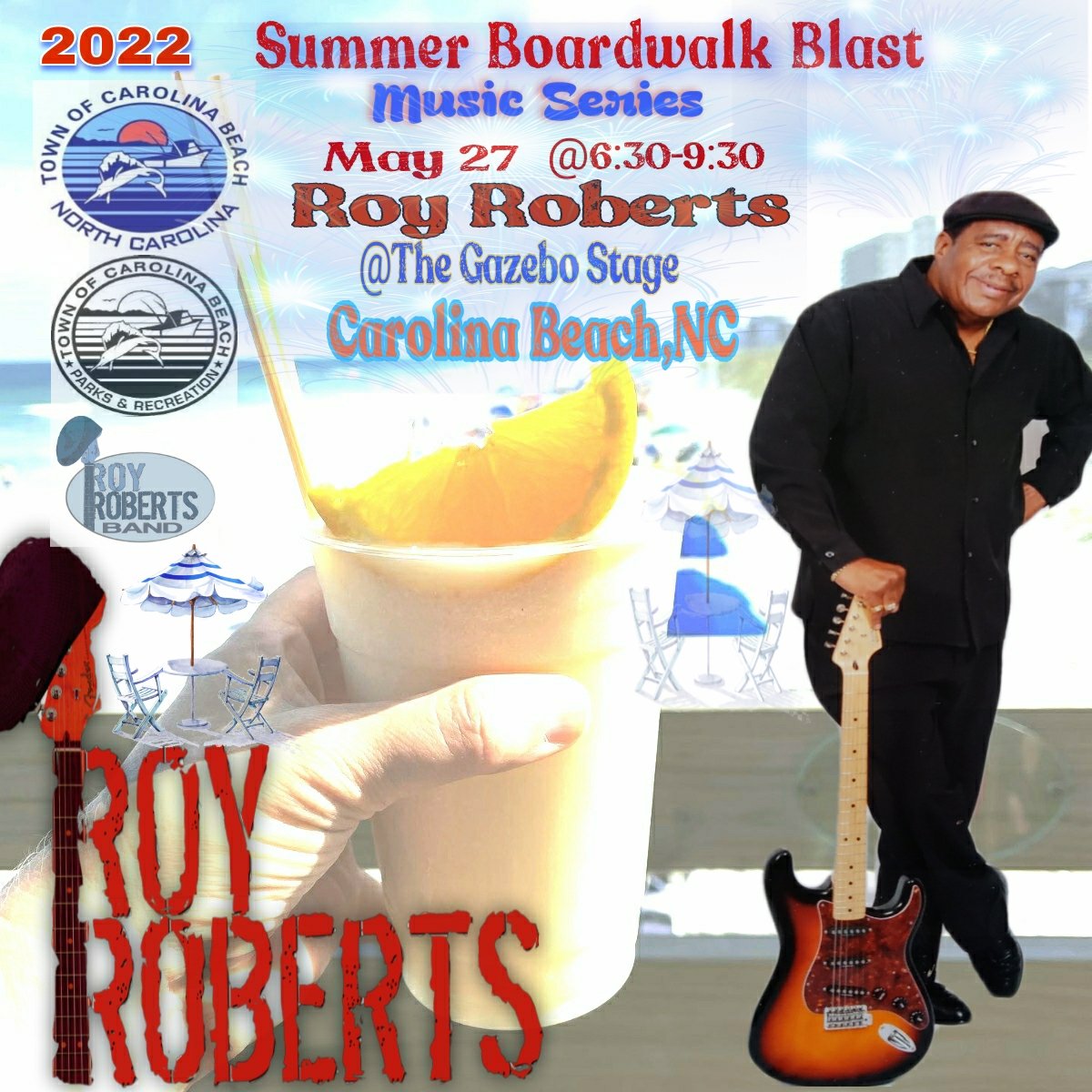 #MemorialDayWeekend 
Friday-May 27th @ 6:30-9:30pm @ The Boardwalk Gazebo Stage in #CarolinaBeach #NorthCarolina #RoyRoberts #GazeboStage #PleasureIsland #Friday #Holiday  #InTheCarolinas #SouthernCharm #Resort #Summer #MusicSeries #AtlanticCoast