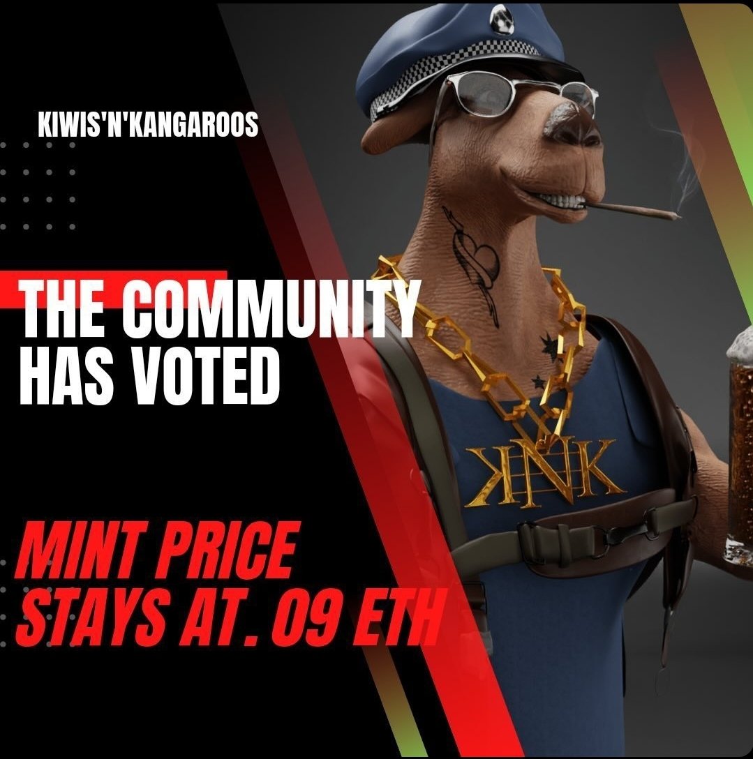 KiwisnKangaroos's tweet photo. The Community has spoken! It's here to stay &amp; so are we! Who's getting a unique with $10,000 NZD worth of Eth attached? Get Minting! 🔥🔥 https://t.co/WKnaJ6ha0A