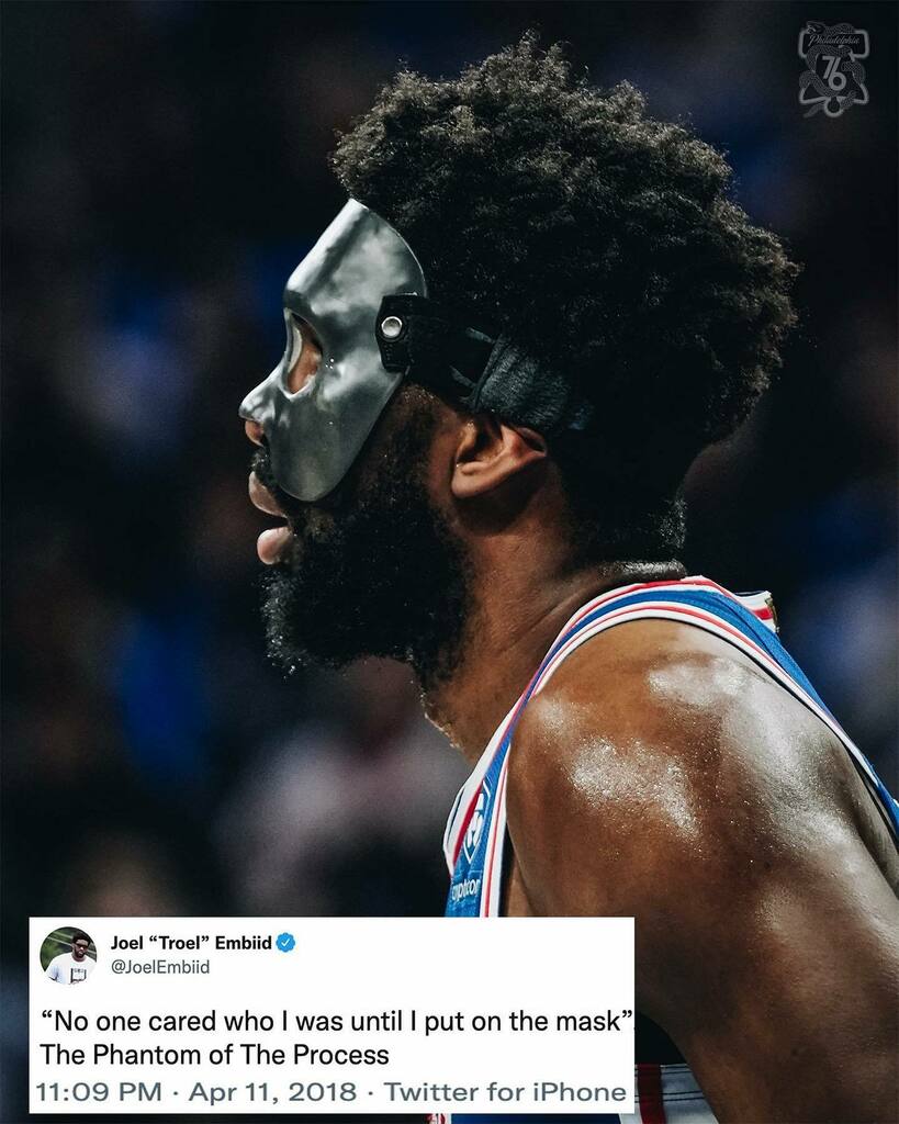 Cover3Philly's tweet photo. The Mask returns tonight to try and even the series for the #Sixers. #PhantomOfTheProcess 🎭 https://t.co/hstT6bfZtZ