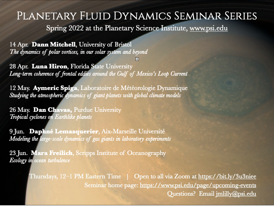 jmlilly's tweet photo. The #planetary #fluidynamics seminar series heads to the outer planets!
@aymeric_spiga
Studying the atmospheric dynamics of giant planets with global climate models
Thurs May 12
12-1 Eastern Time (UTC-4)
Info:https://t.co/aNG8G8yj4t
Zoom:https://t.co/vN1NuhyIJX
See you there! https://t.co/ASTRjIQD3s