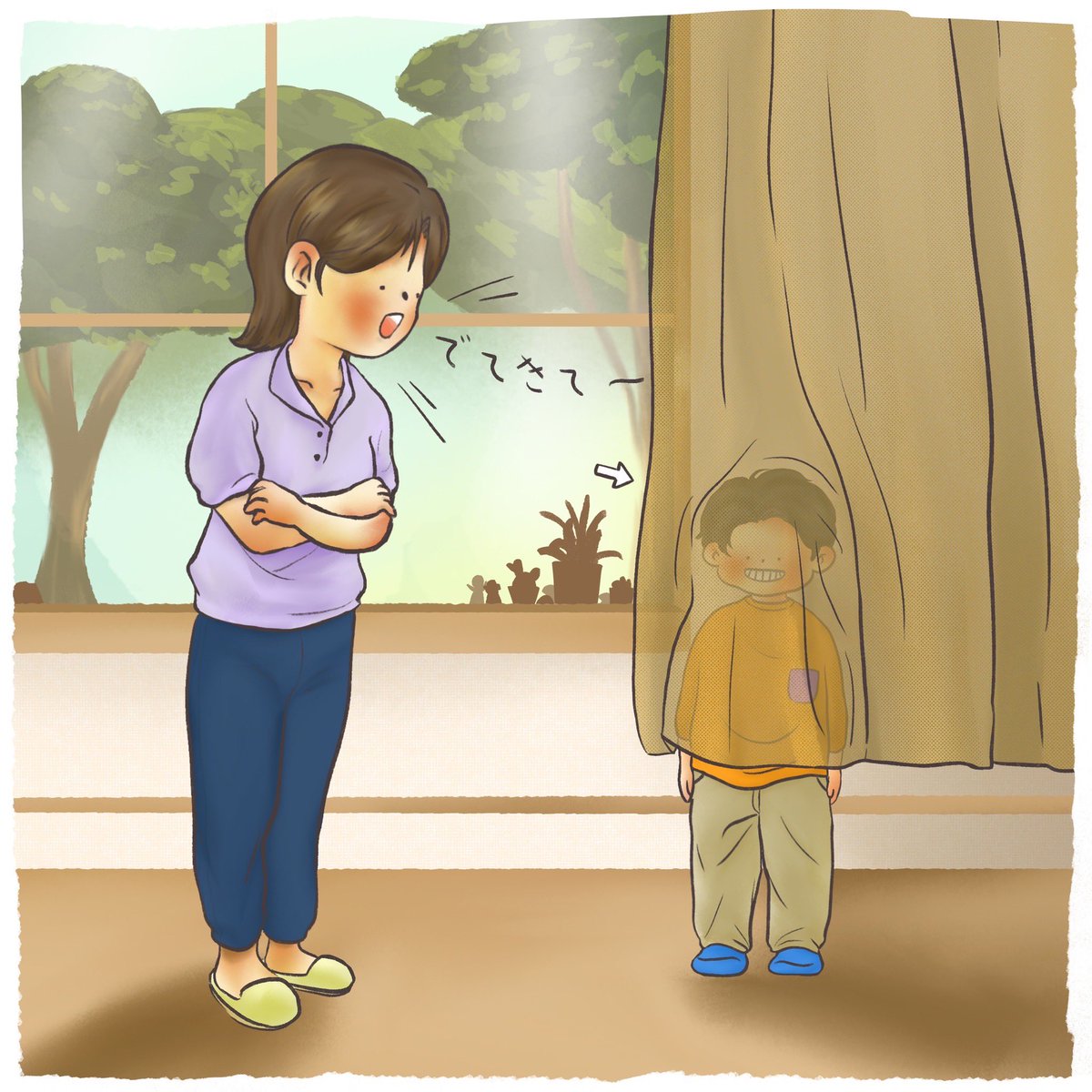 startfrom2day's tweet photo. 「子供のかくれんぼ」は面白い！
自分が見えなければ、相手からも見えないって思ってるんだね。
#子育て　#育児　#子育てあるある https://t.co/J61CKswS36