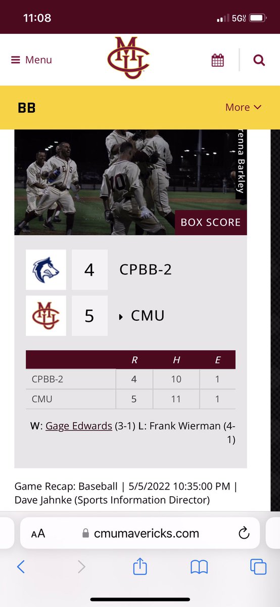 theRealLAVON's tweet photo. @CMUMavsBaseball congrats on another RMAC championship. 10 years straight . Congrats to gage edwards for picking up a win and a save in the same series. Second time this year . Doing the double double https://t.co/HY3hE9Jgq0